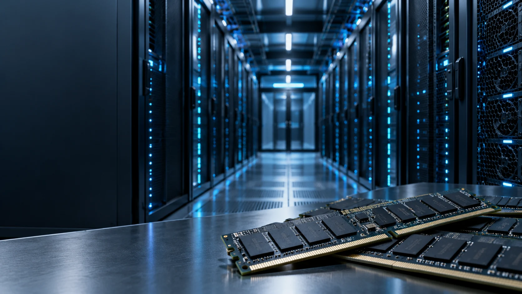 Server racks and a memory component in blue light